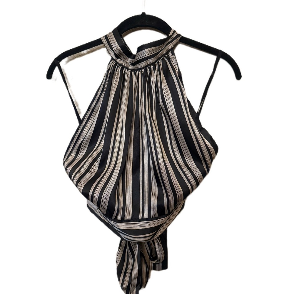 Y2K Striped Black and Silver Halter Tie-Back Top